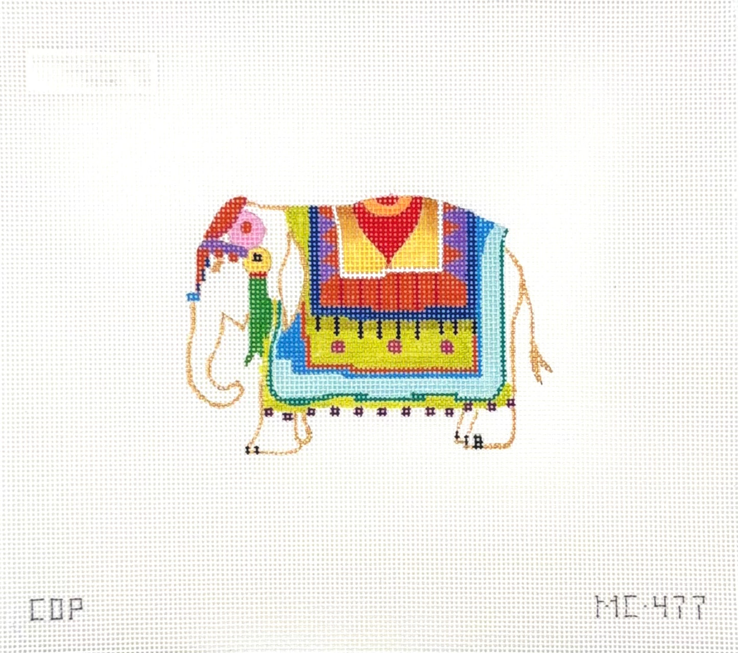 Colors of Praise Elephant With Blue Tassel and a Multi Color Blanket Needlepoint Canvas