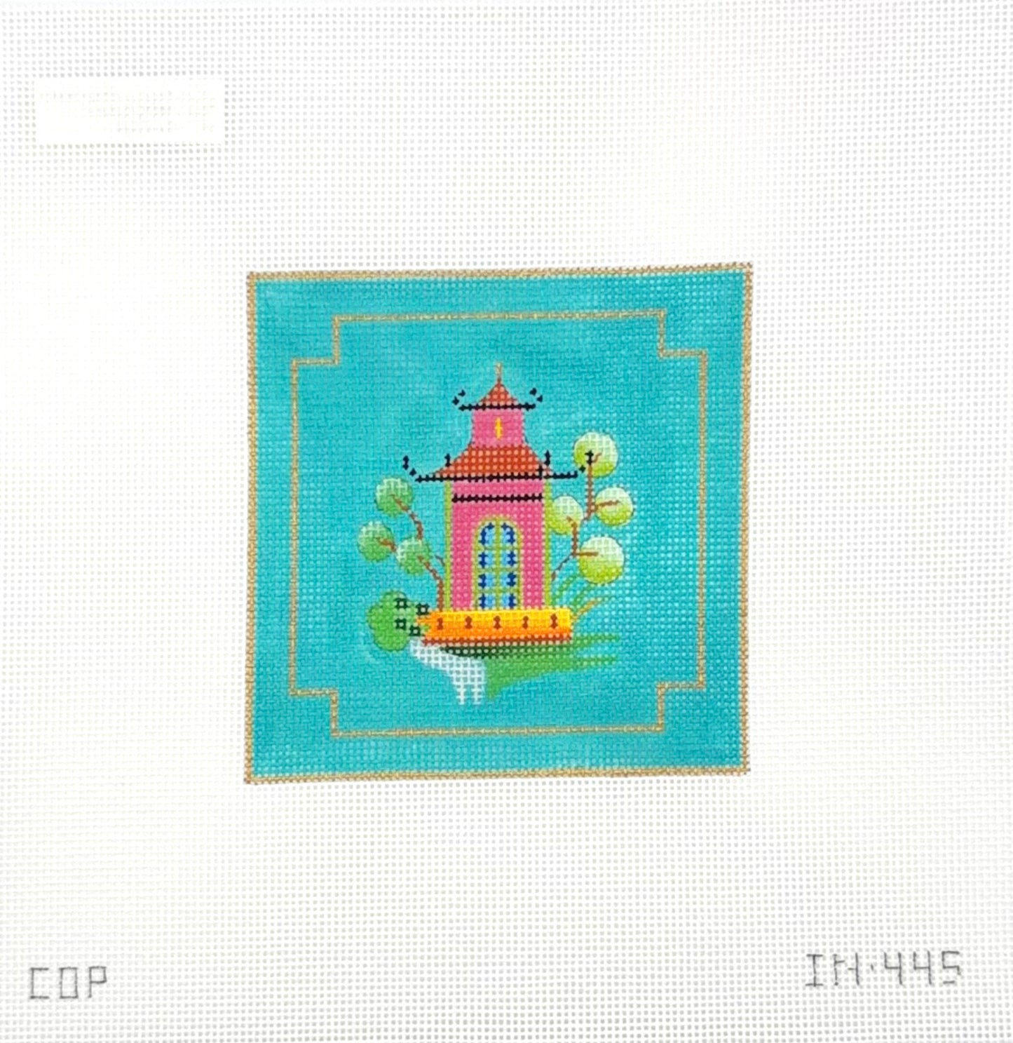 Colors of Praise Pink Pagoda on Turquoise Backdrop Needlepoint Canvas