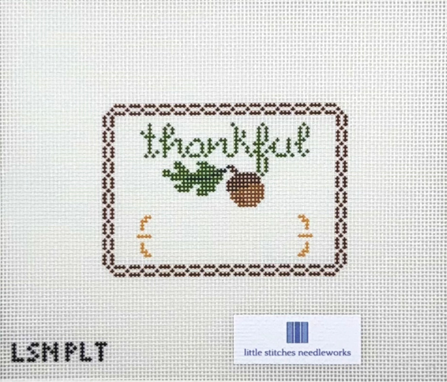 Little Stitches Needleworks Thankful Acorn Placecard Hand Painted Needlepoint Canvas