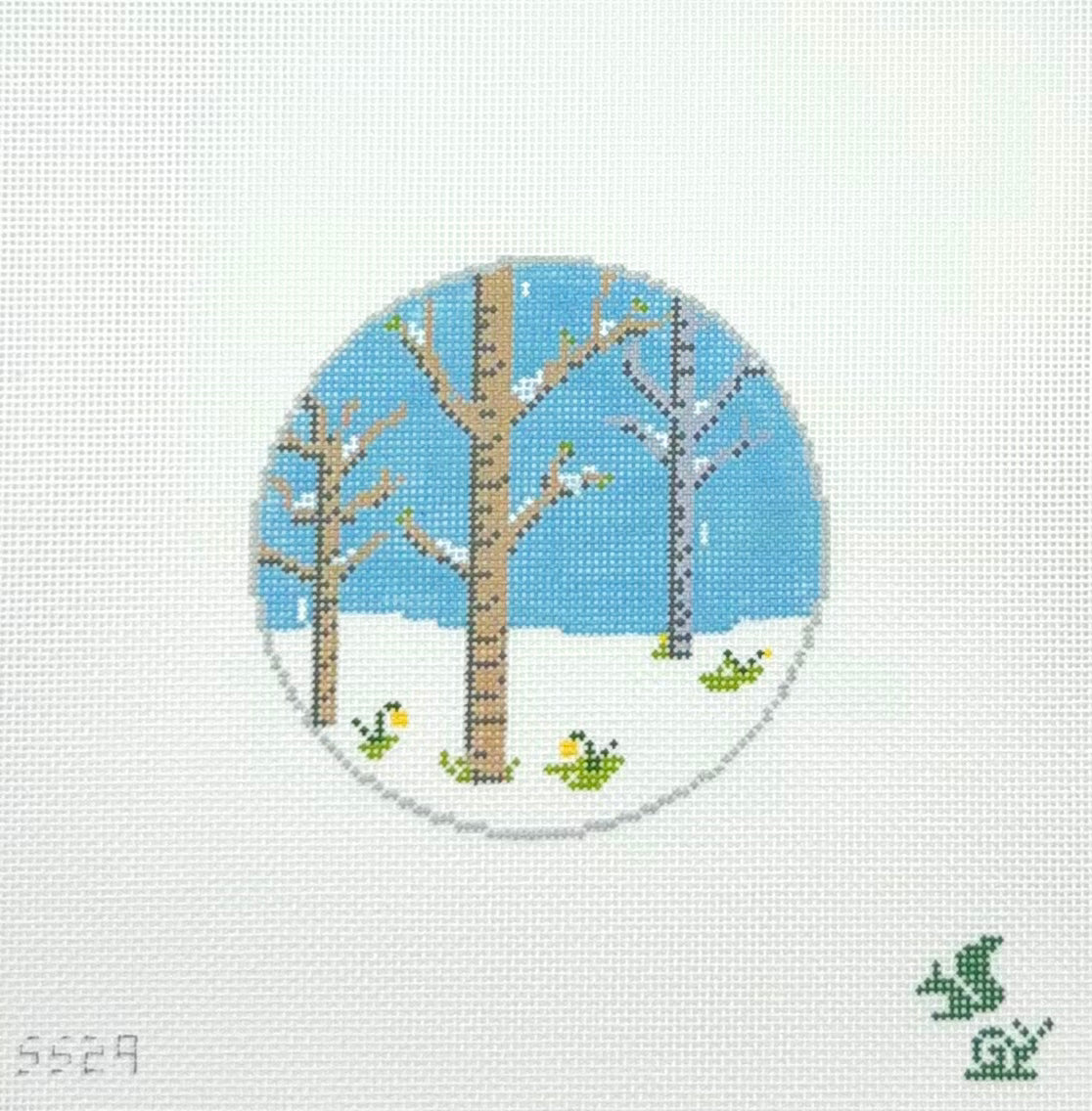 The Squirrel and The Snail for The Gingham Stitchery Silver White Wintersl Needlepoint Canvas
