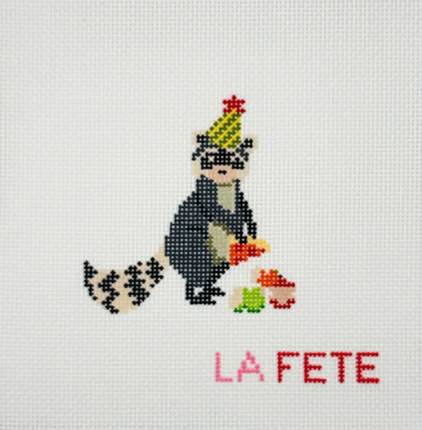 La Fete Needlepoint Party Racoon Hand Painted Needlepoint Canvas