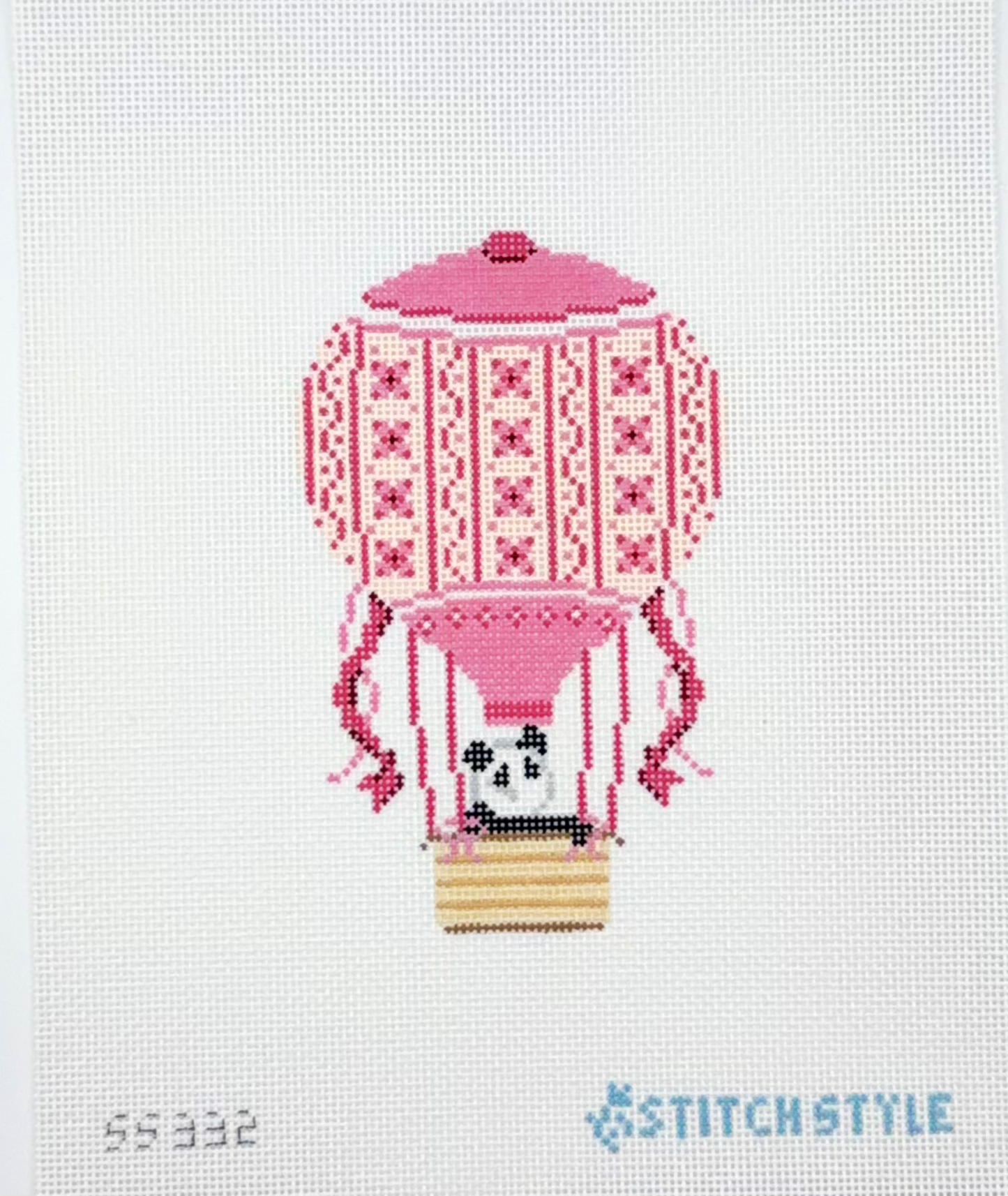 Stitch Style Needlepoint Pink Hot Air Balloon with Panda Hand Painted Needlepoint Canvas