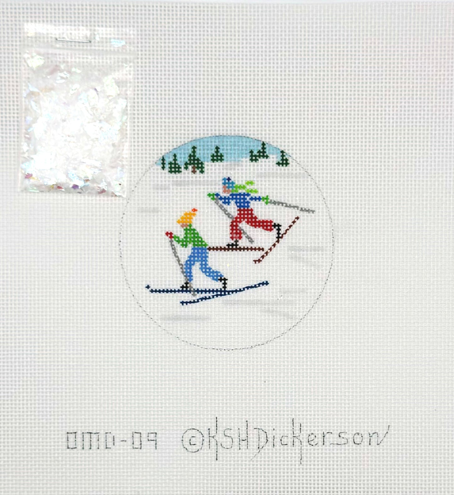 Kate Dickerson Cross Country Skiers Ornament Hand Painted Needlepoint Canvas