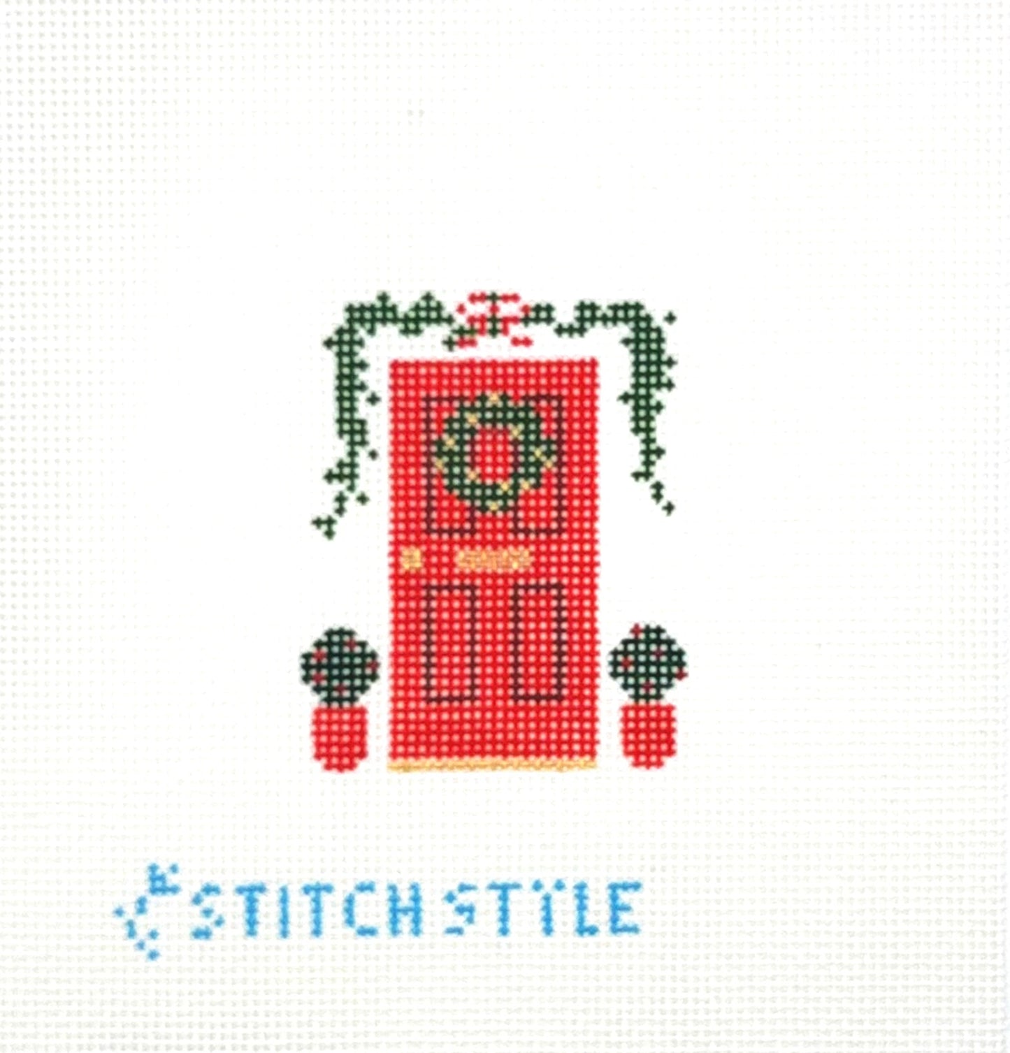 Stitch Style Needlepoint Red Christmas Door Hand Painted Needlepoint Canvas