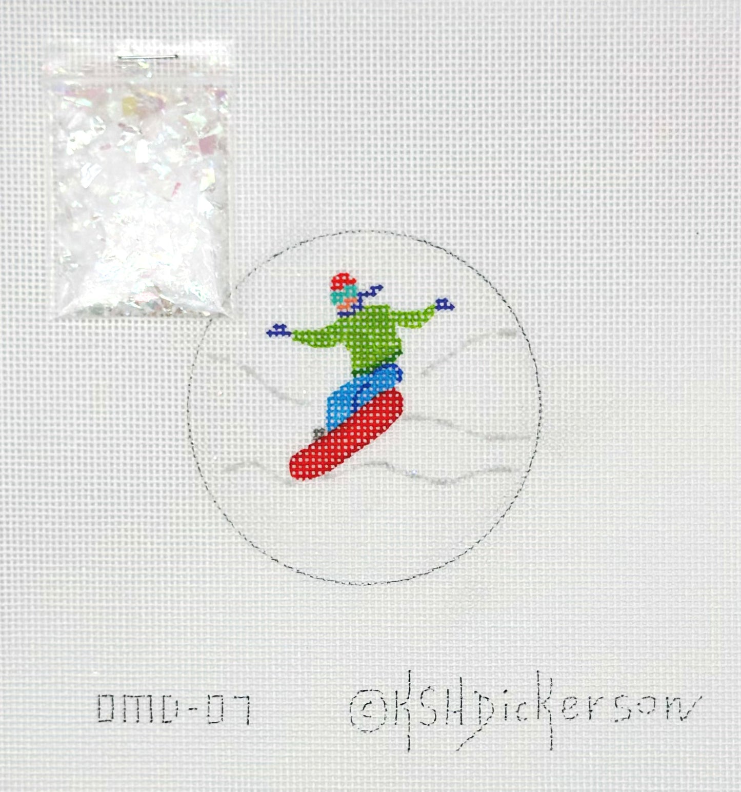 Kate Dickerson Snowboarder Domed Ornament Hand Painted Needlepoint Canvas