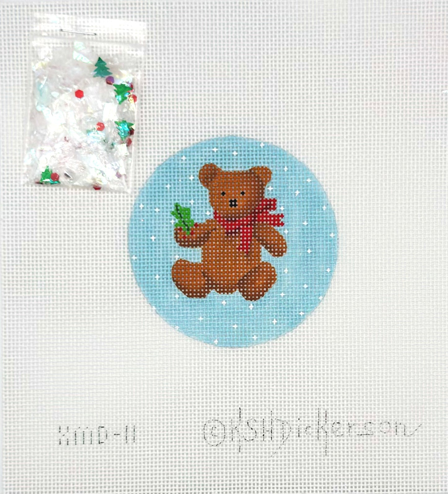 Kate Dickerson Christmas Teddy Bear Ornament Hand Painted Needlepoint Canvas
