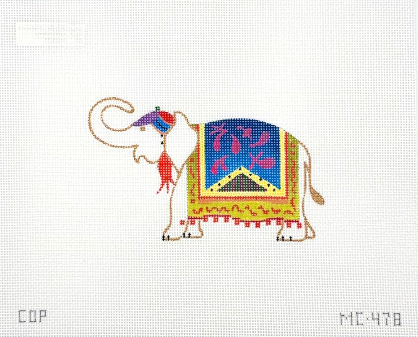 Colors of Praise Elephant With Orange Tassel and a Blue and Green Blanket Needlepoint Canvas