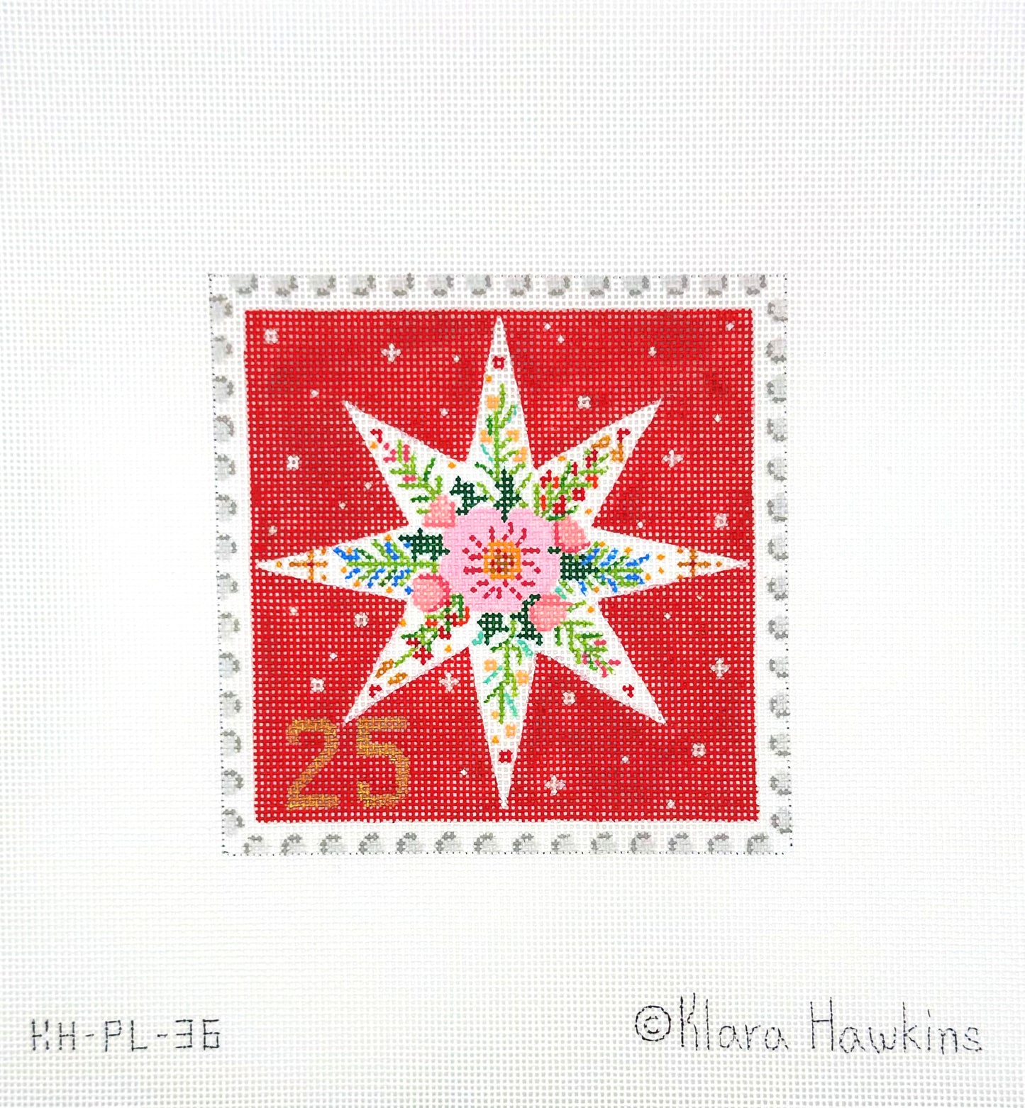 Kate Dickerson 8 Point Floral Star Stamp Hand Painted Needlepoint Canvas