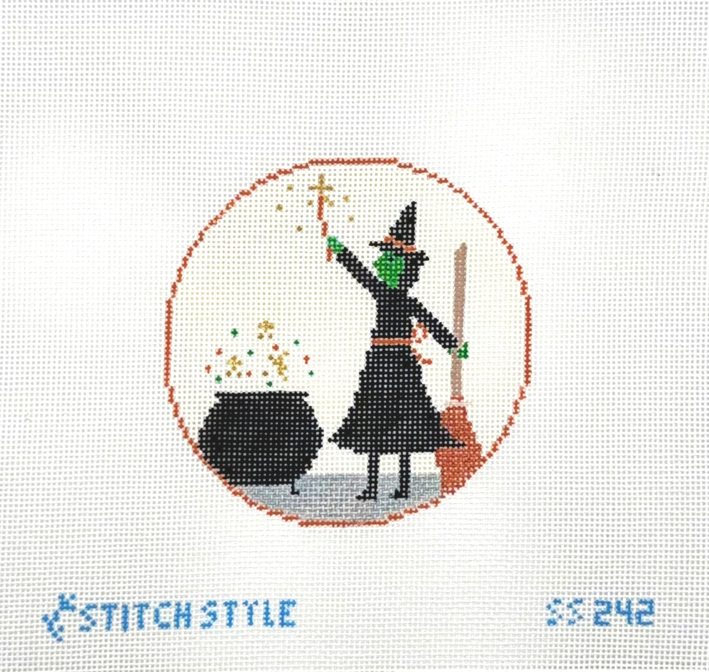 Stitch Style Needlepoint Halloween Witch and Cauldron Hand Painted Needlepoint Canvas