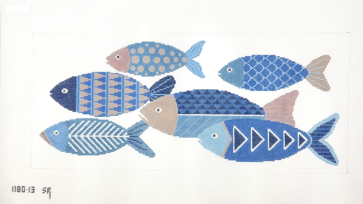 Susan Roberts Needlepoint Fish Block Print Hand Painted Needlepoint Canvas