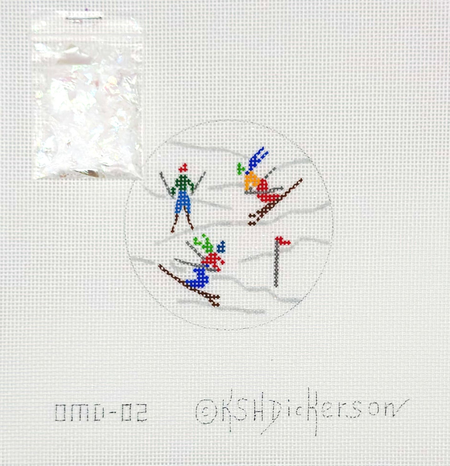 Kate Dickerson Downhill Skiers Domed Ornament Hand Painted Needlepoint Canvas