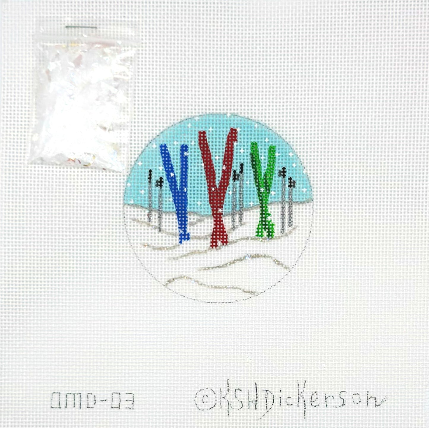 Kate Dickerson Skis Domed Ornament Hand Painted Needlepoint Canvas