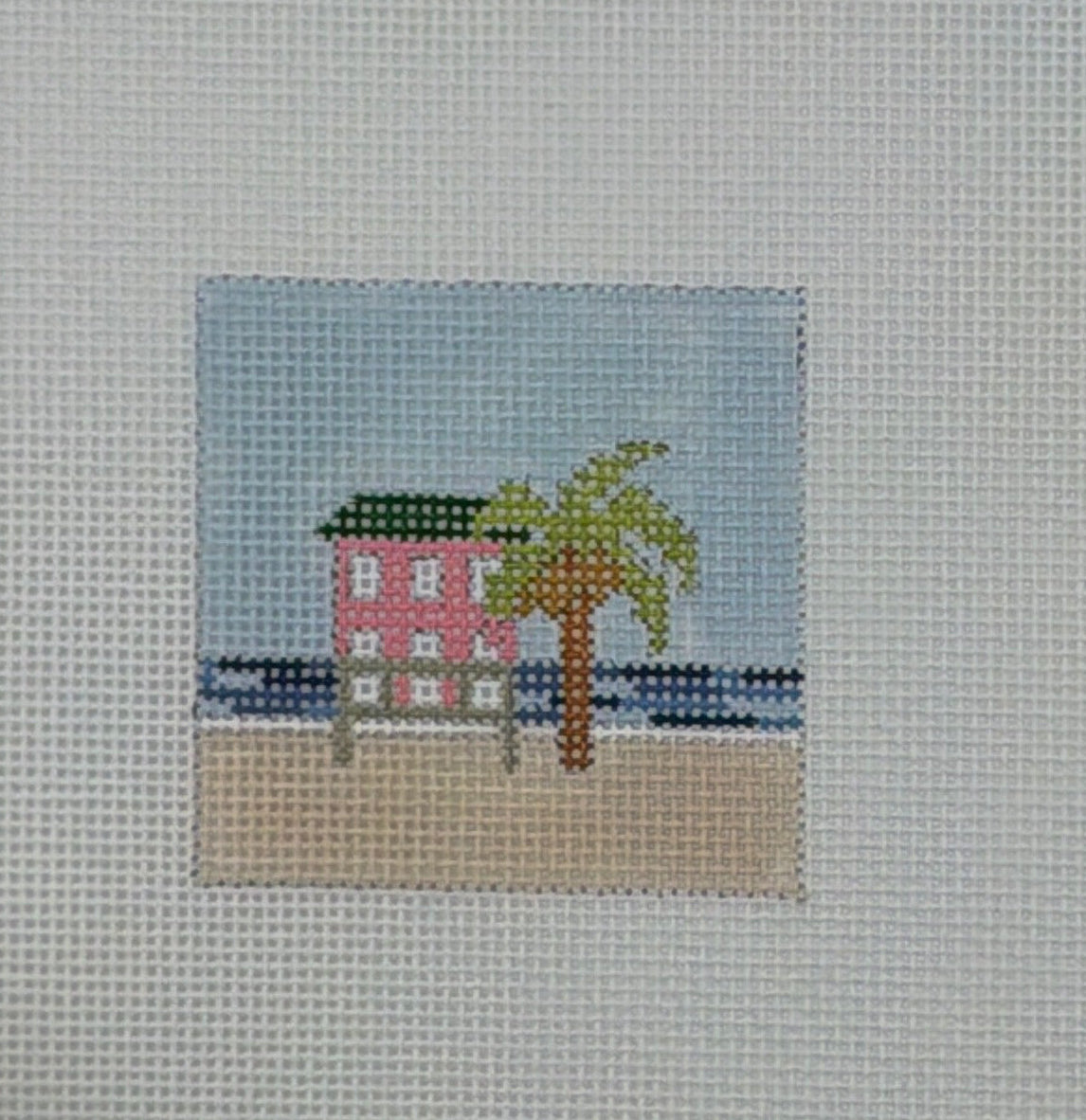 Kristine Kingston for Chris Lewis Pink Beach Cottage Hand Painted Needlepoint Canvas