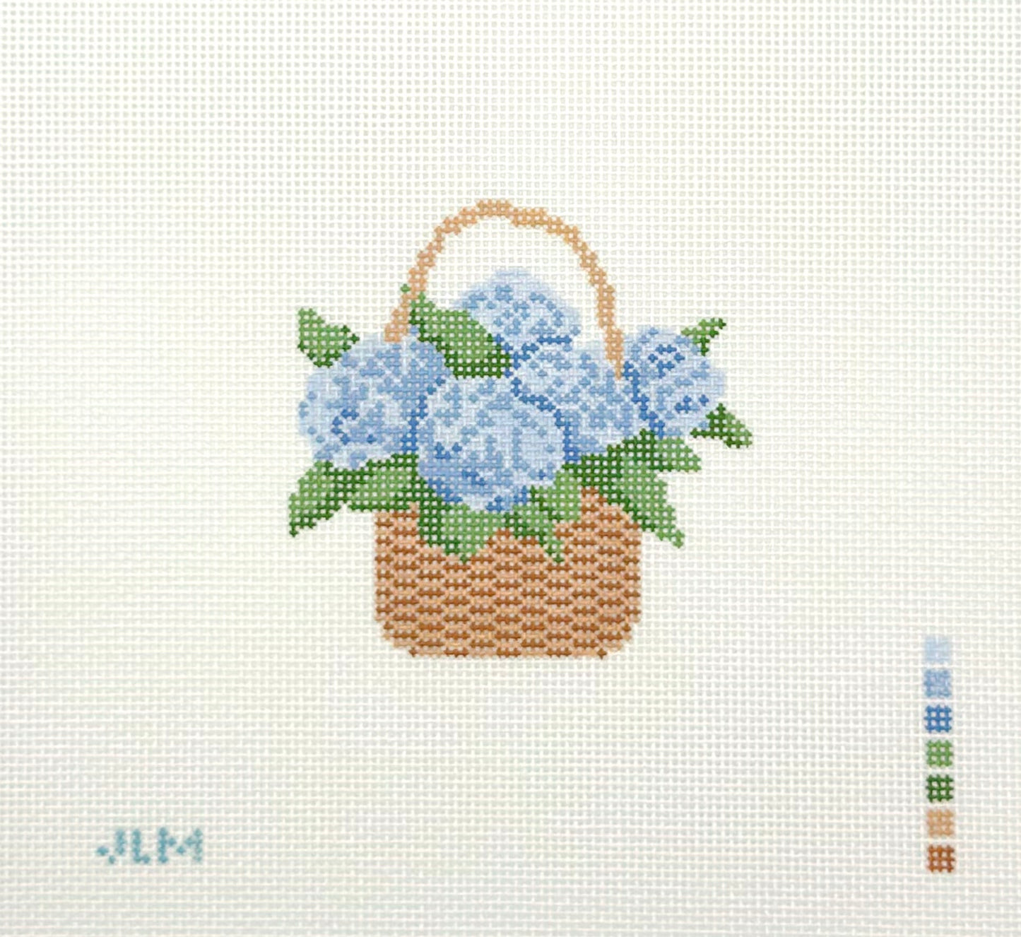 Stitch JLM Blue Hydrangeas In Basket Hand Painted Needlepoint Canvas