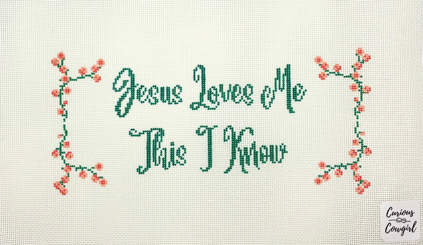 The Curious Cowgirl Jesus Loves Me Teal Needlepoint Canvas