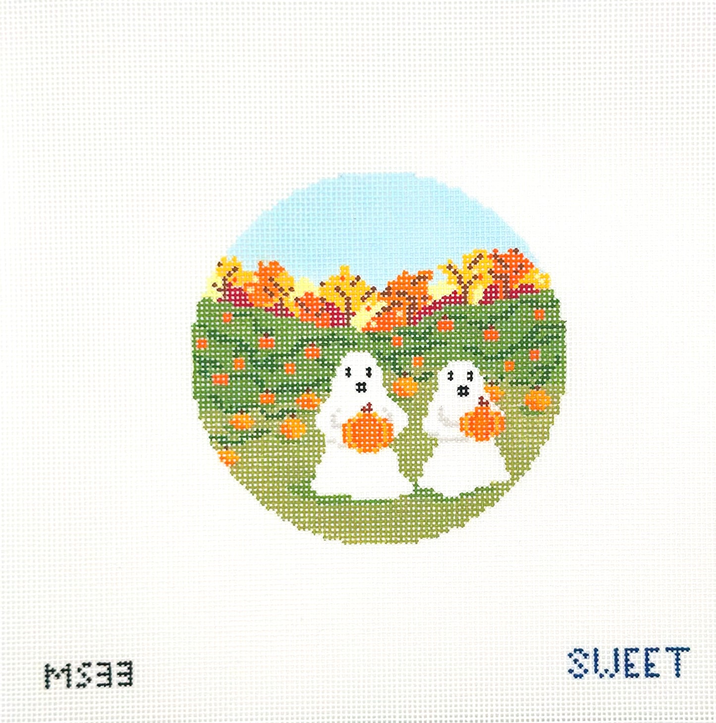 Maggie Sweet Designs for The Gingham Stitchery Ghosts Picking Pumpkins  Hand Painted Needlepoint Canvas