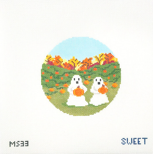 Maggie Sweet Designs for The Gingham Stitchery Ghosts Picking Pumpkins  Hand Painted Needlepoint Canvas