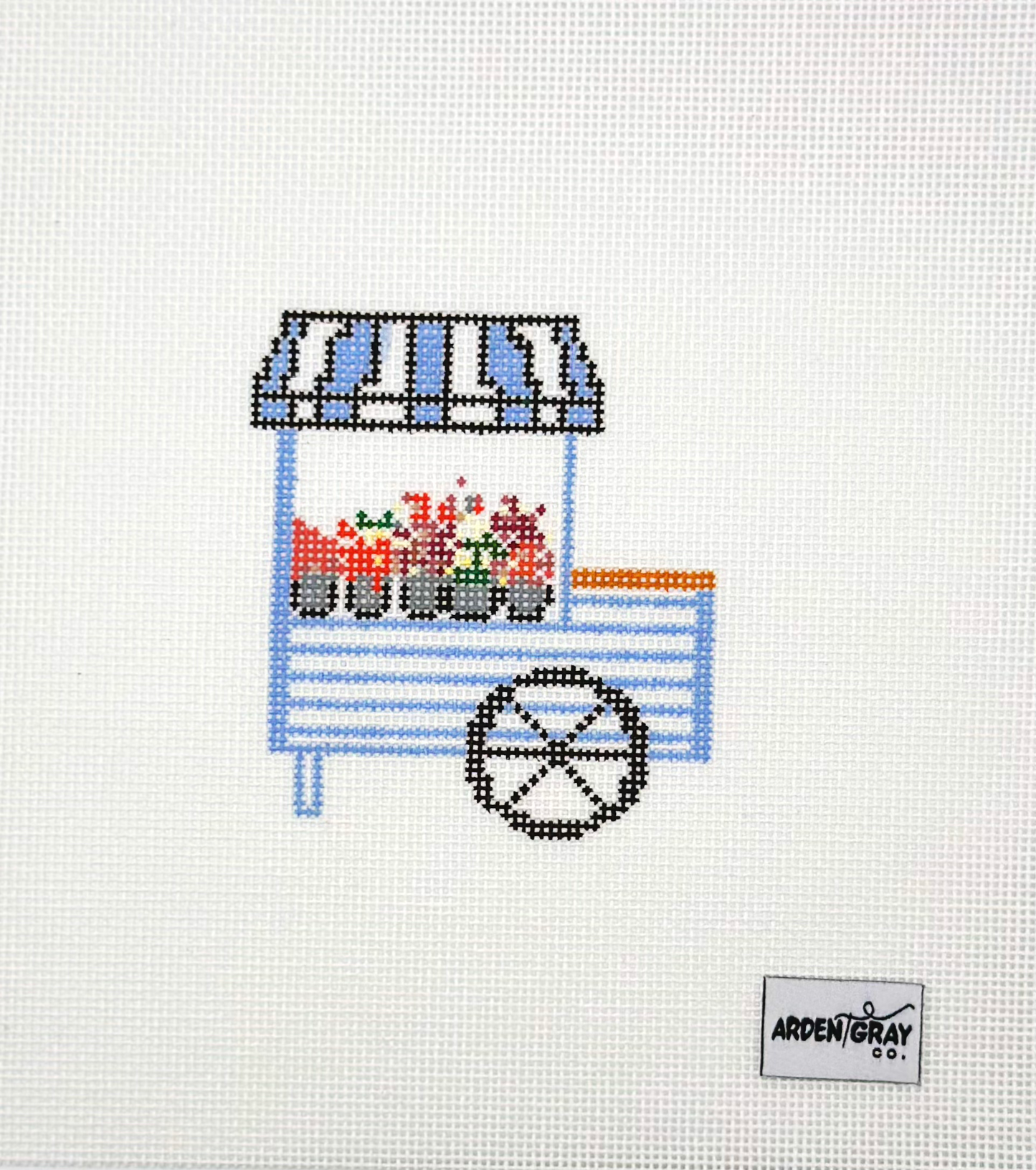 Arden Gray Co Blue and White Flower Cart Hand Painted Needlepoint Canvas