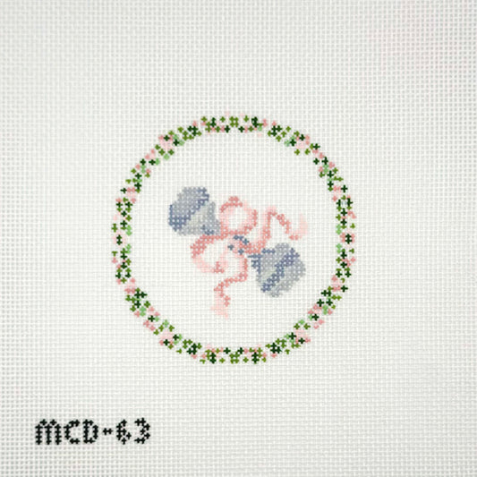 Mary Cam Designs for The Needle Bug Pink Baby Rattle Wreath Hand Painted Needlepoint Canvas