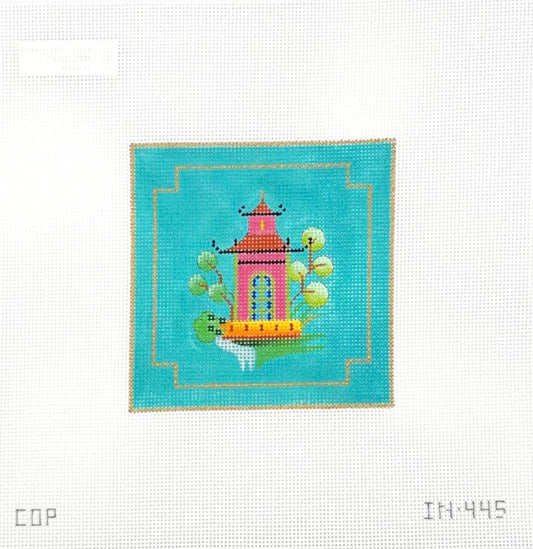 Colors of Praise Pink Pagoda on Turquoise Backdrop Needlepoint Canvas