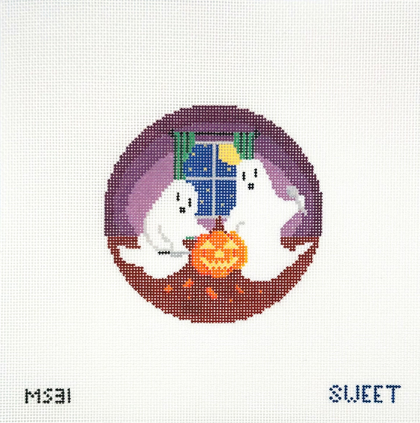 Maggie Sweet Designs for The Gingham Stitchery Ghosts Carving Pumpkins Hand Painted Needlepoint Canvas