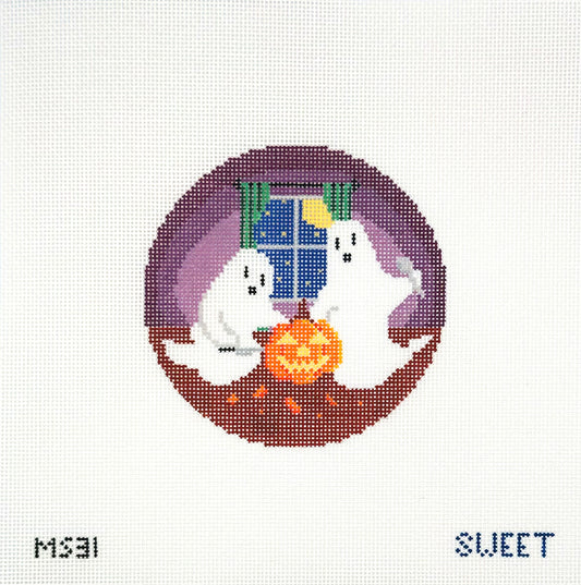 Maggie Sweet Designs for The Gingham Stitchery Ghosts Carving Pumpkins Hand Painted Needlepoint Canvas