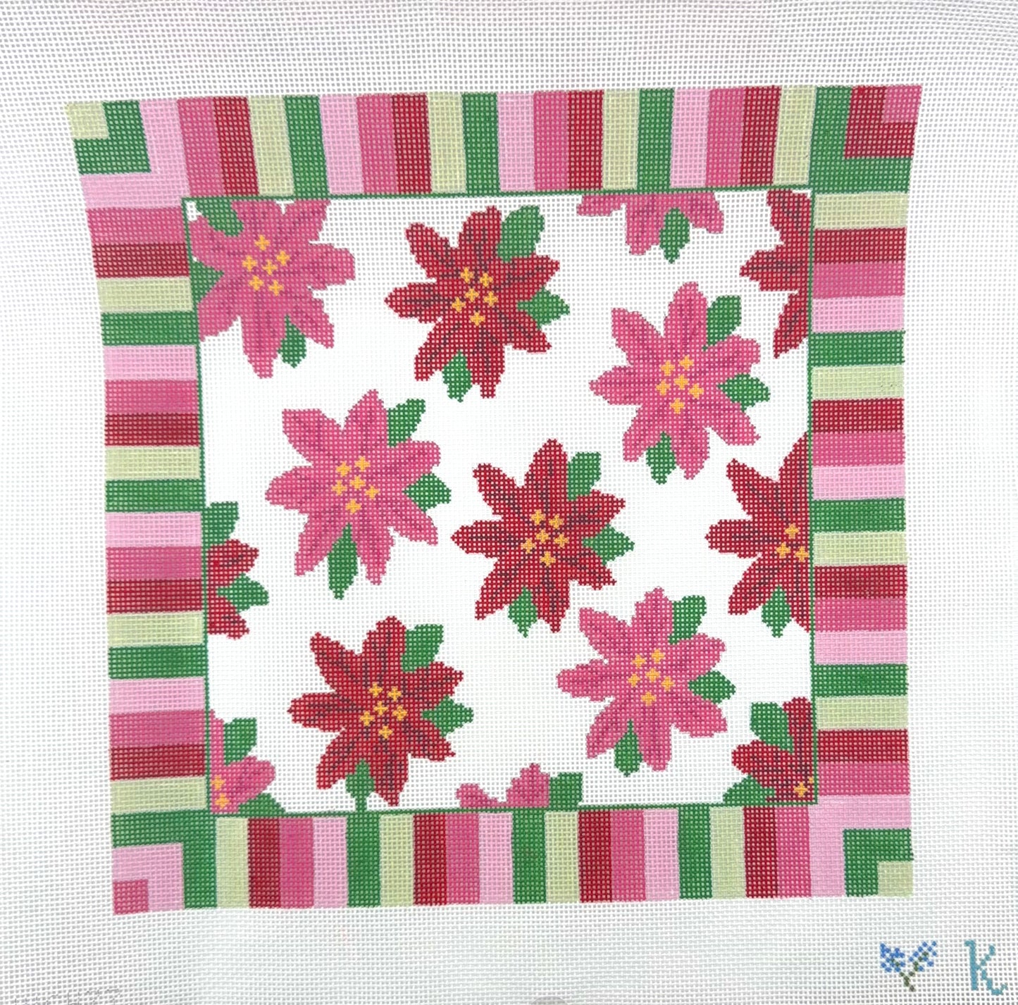 Kay Irby for The Collection Designs Poinsettia on Stripes Pillow Hand Painted Needlepoint Canvas