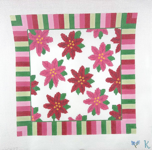 Kay Irby for The Collection Designs Poinsettia on Stripes Pillow Hand Painted Needlepoint Canvas