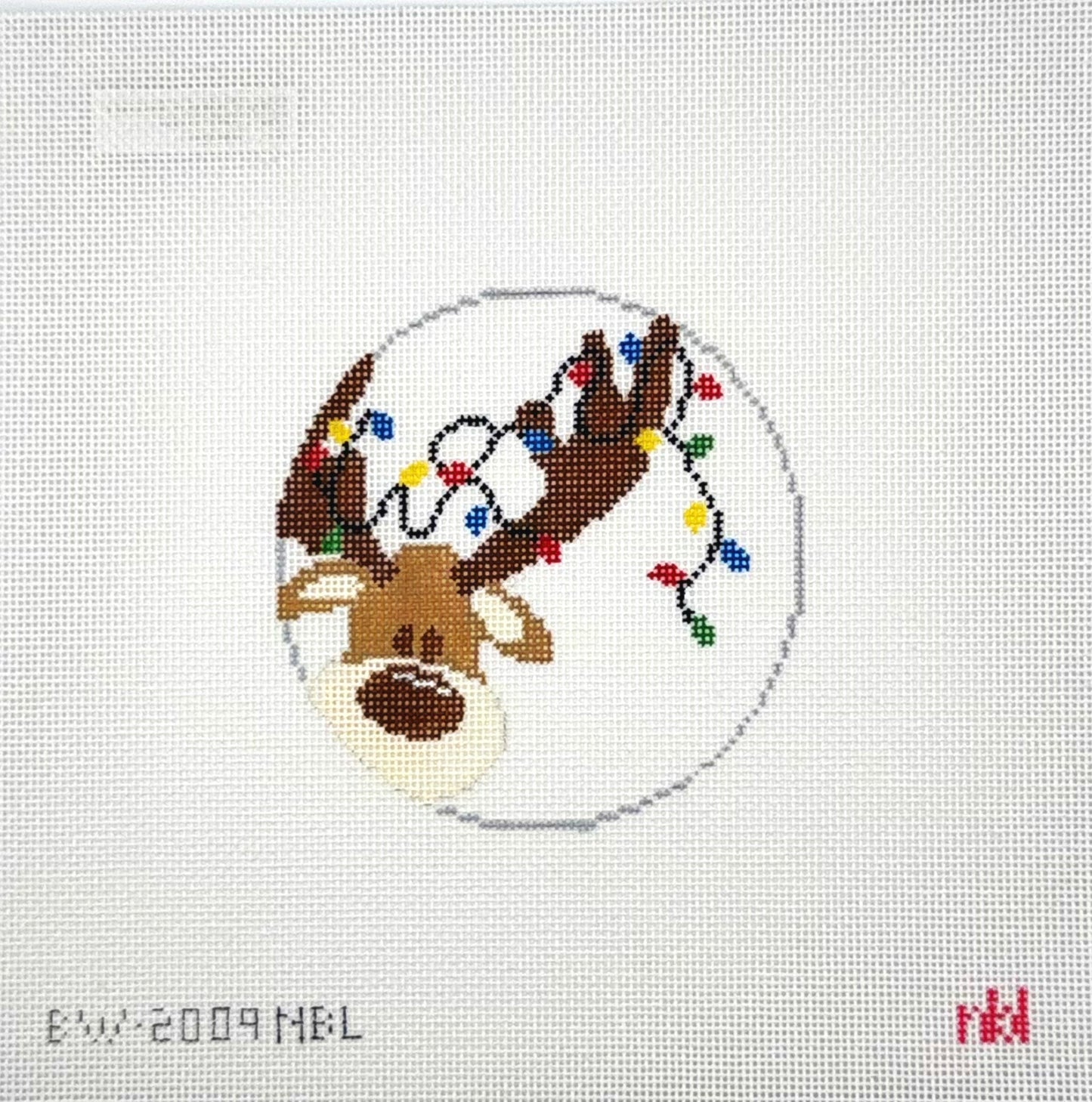 Needlepoint by Laura for Blue Waters Needlepoint Profile Reindeer with Christmas Lights Ornament Needlepoint Canvas