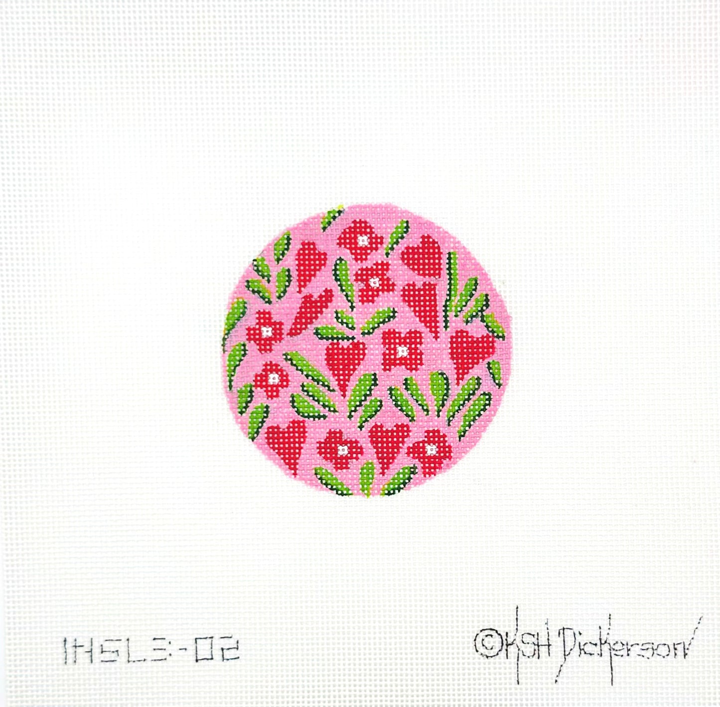 Kate Dickerson Pink Flowers and Hearts Ornament Hand Painted Needlepoint Canvas