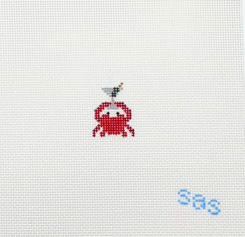 Stitch Avenue Studio Mini Red Crab With Martini Hand Painted Needlepoint Canvas