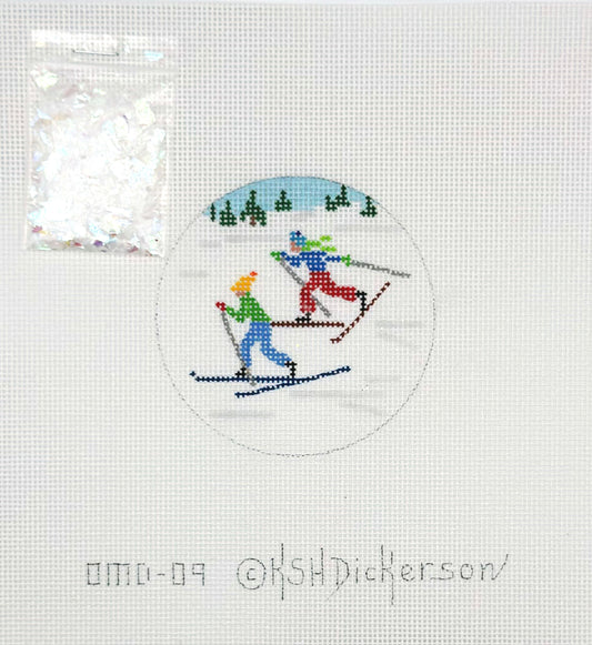 Kate Dickerson Cross Country Skiers Ornament Hand Painted Needlepoint Canvas