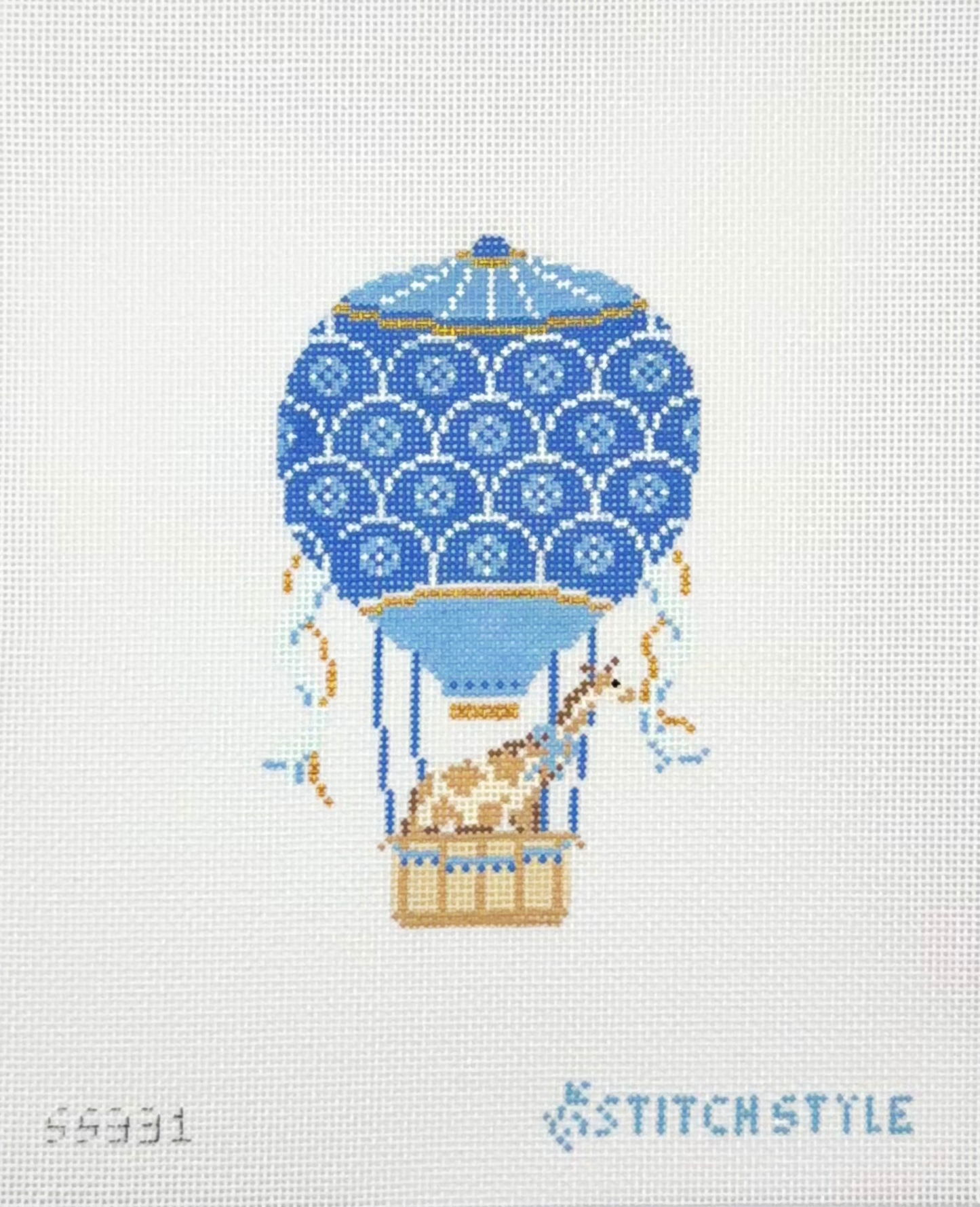 Stitch Style Needlepoint Green and Blue Hot Air Balloon with Giraffe Hand Painted Needlepoint Canvas