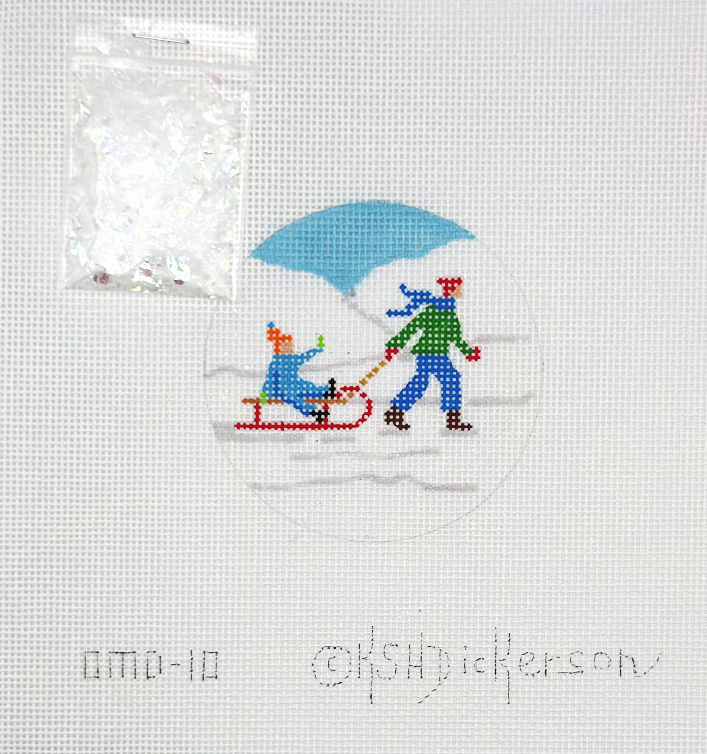 Kate Dickerson Downhill Sledding Duo Ornament Hand Painted Needlepoint Canvas