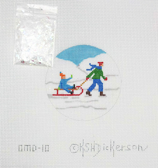 Kate Dickerson Downhill Sledding Duo Ornament Hand Painted Needlepoint Canvas