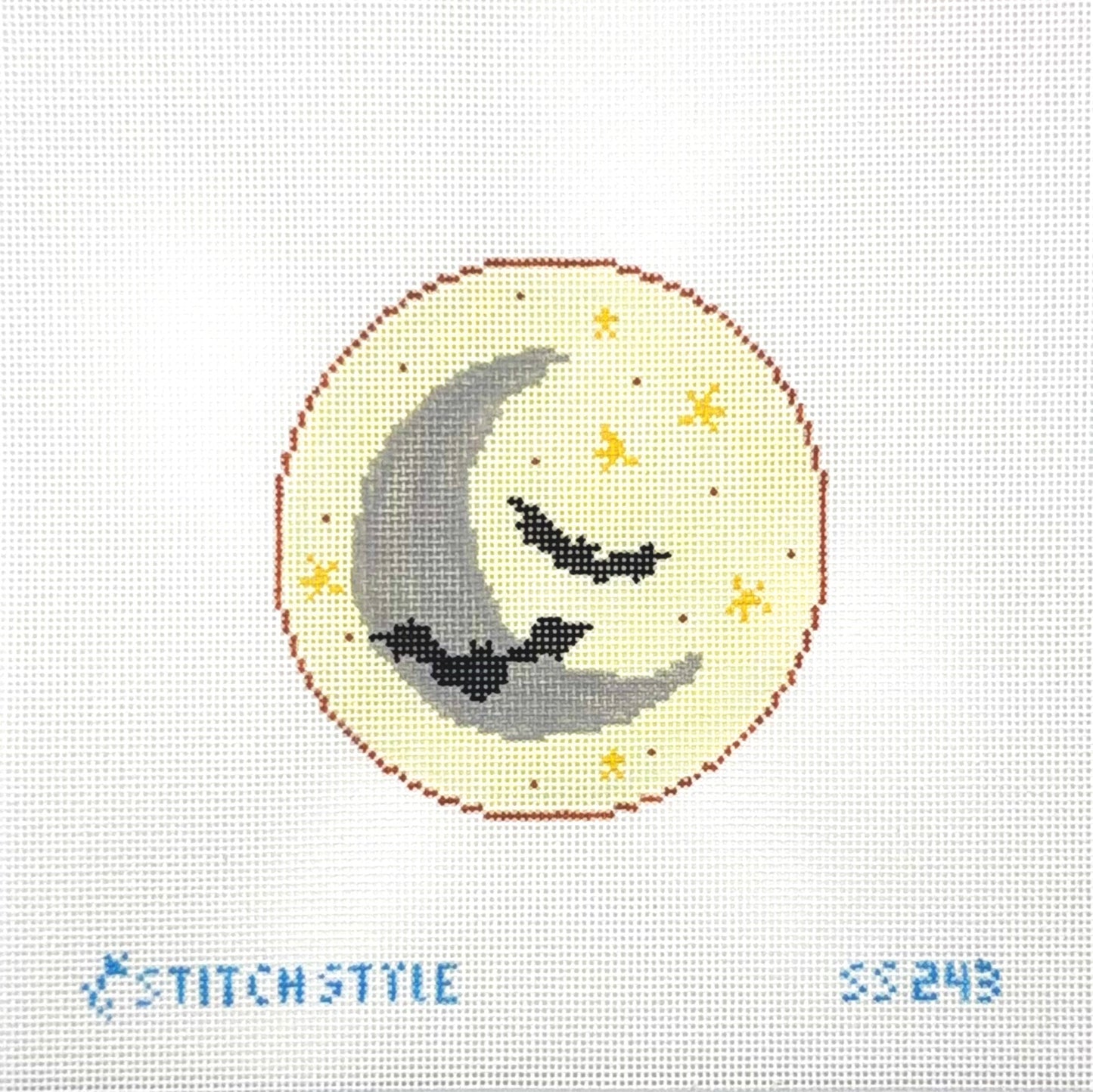 Stitch Style Needlepoint Crescent Moon and Bats Hand Painted Needlepoint Canvas