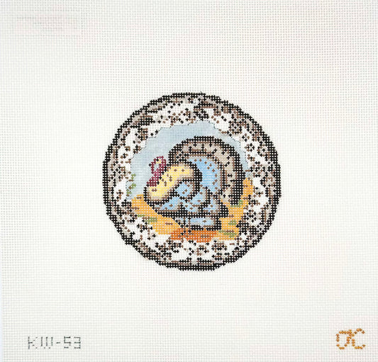 Kate Woodward for The Gingham Stitchery Transferware Turkey Round Hand Painted Needlepoint Canvas