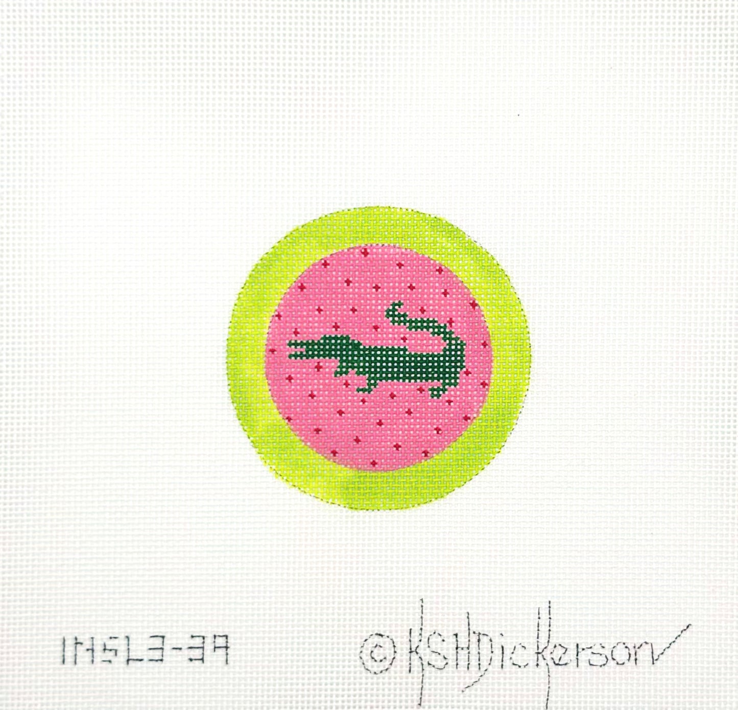 Kate Dickerson Pink and Green Alligator Ornament Hand Painted Needlepoint Canvas