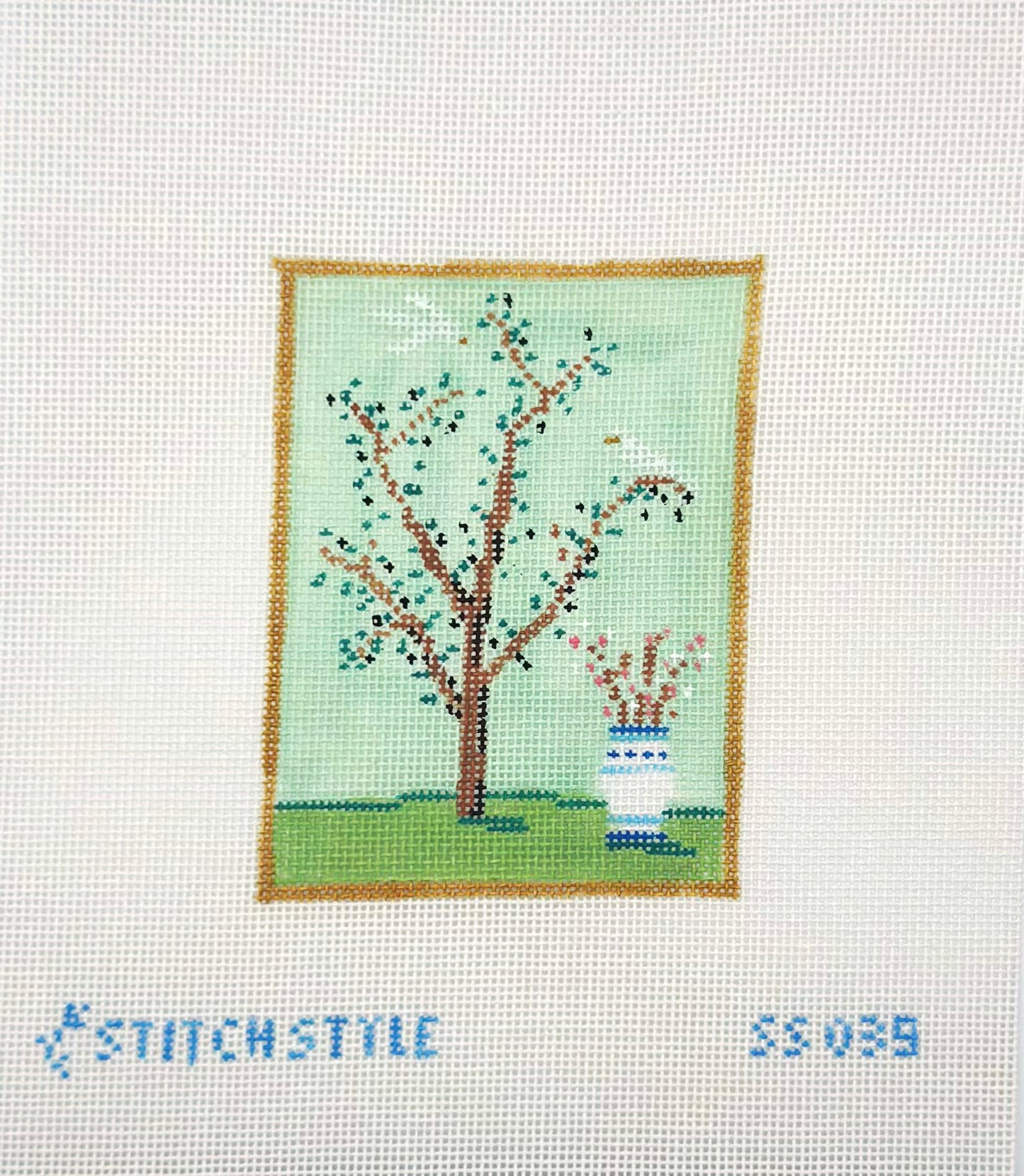 Stitch Style Needlepoint Chinoiserie Silk- Turquoise Hand Painted Needlepoint Canvas