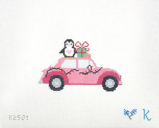 Kay Irby for The Collection Designs Pink Bug Car Hand Painted Needlepoint Canvas