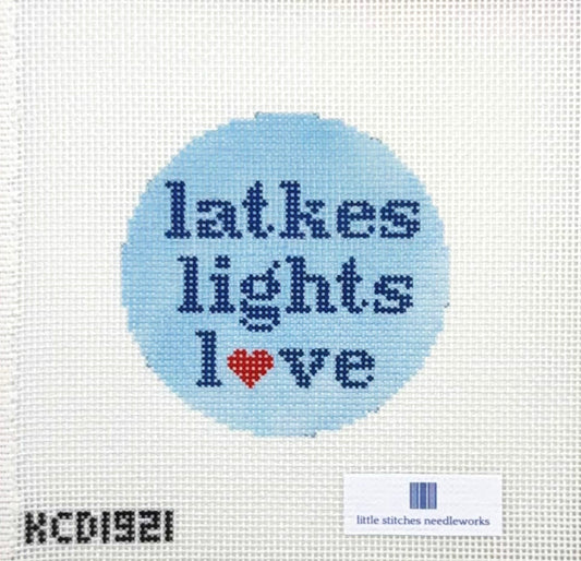 Little Stitches Needleworks Latkes, Lights, Love Ornament Hand Painted Needlepoint Canvas