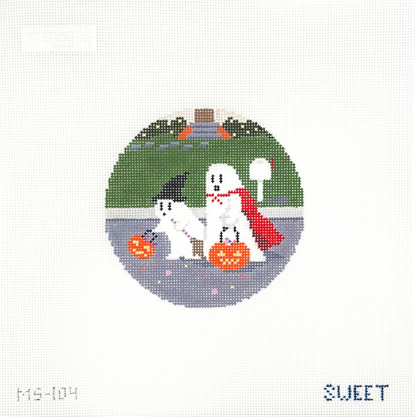 Maggie Sweet Designs for The Gingham Stitchery Trick or Treating Ghosts Hand Painted Needlepoint Canvas