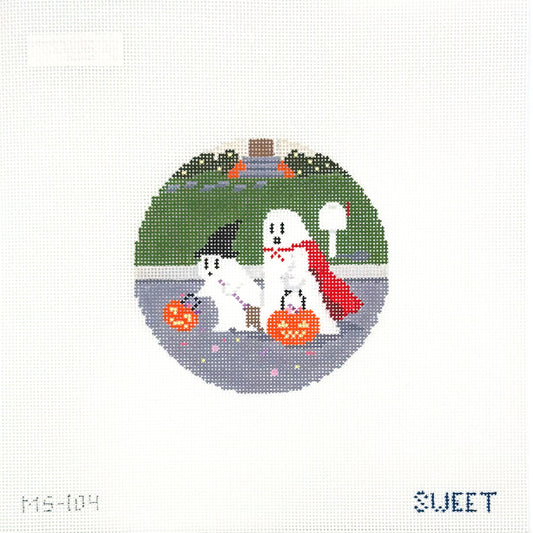 Maggie Sweet Designs for The Gingham Stitchery Trick or Treating Ghosts Hand Painted Needlepoint Canvas