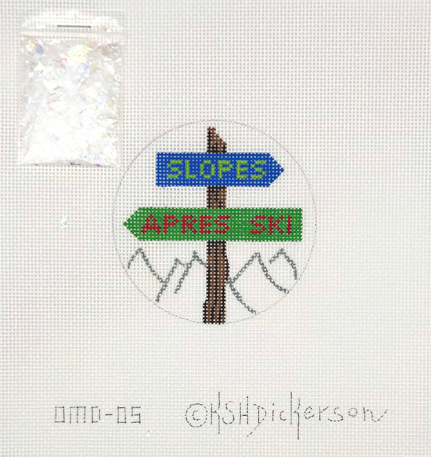 Kate Dickerson Ski Signs Domed Ornament Hand Painted Needlepoint Canvas