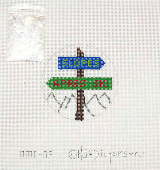 Kate Dickerson Ski Signs Domed Ornament Hand Painted Needlepoint Canvas