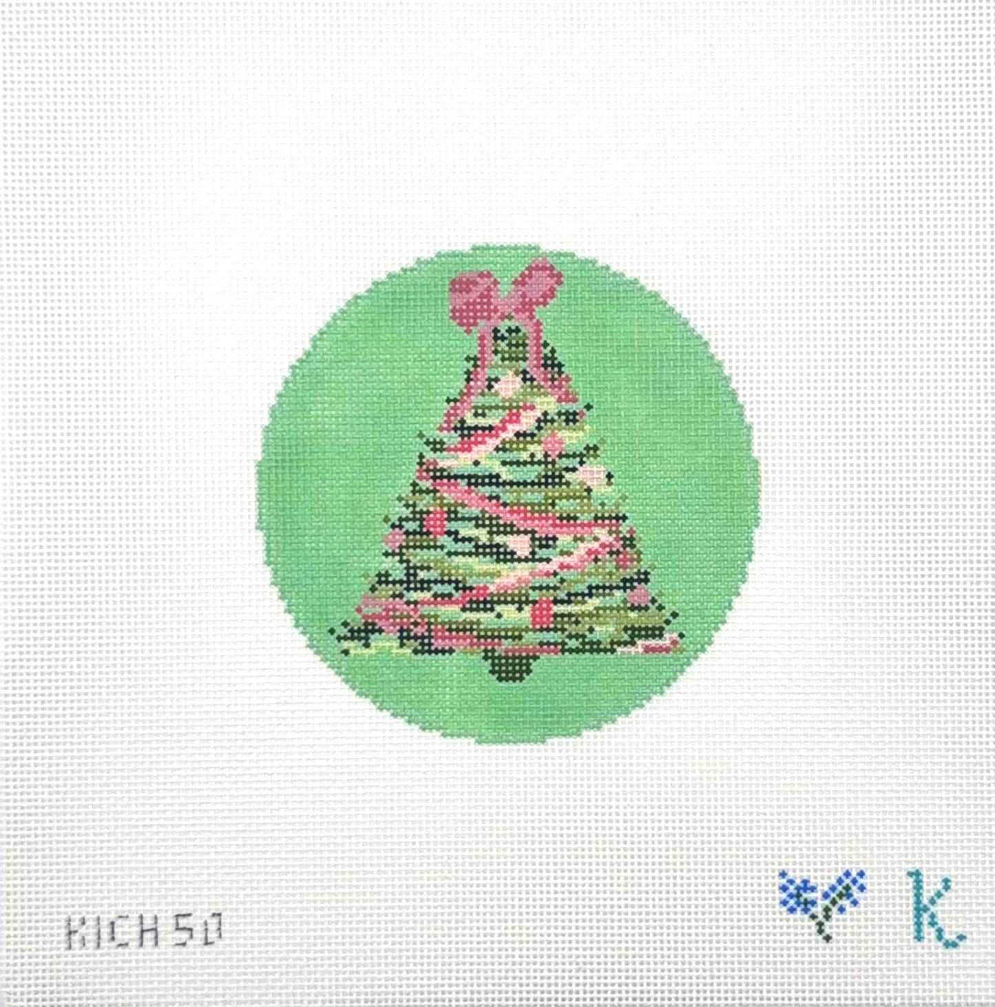 Kay Irby for The Collection Designs Pink on Green Ribbon Tree Ornament Needlepoint Canvas