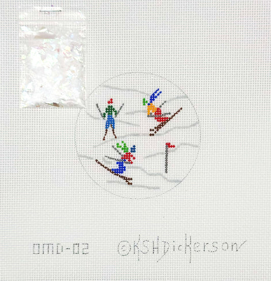 Kate Dickerson Downhill Skiers Domed Ornament Hand Painted Needlepoint Canvas
