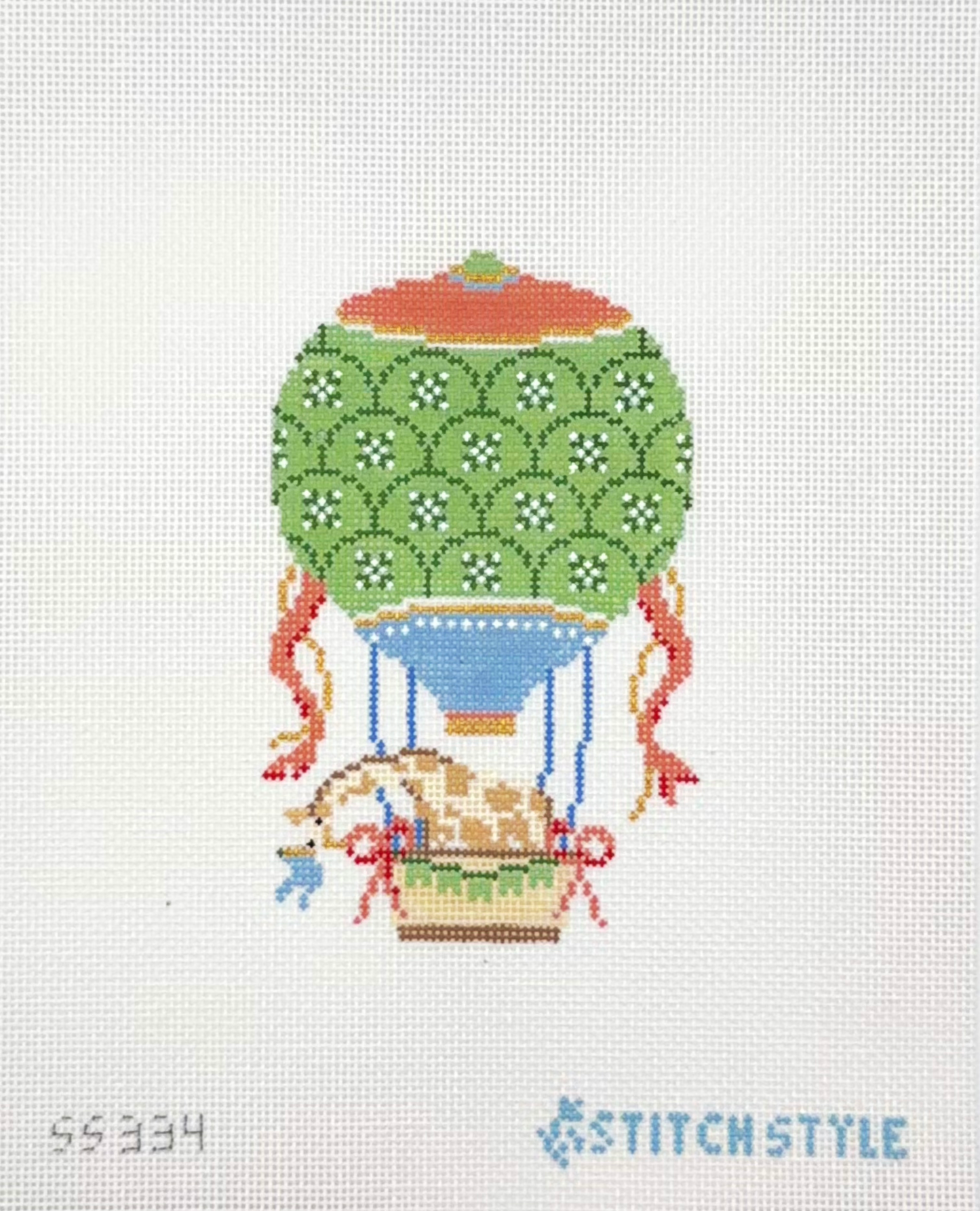 Stitch Style Needlepoint Light Blue Hot Air Balloon with Giraffe Hand Painted Needlepoint Canvas