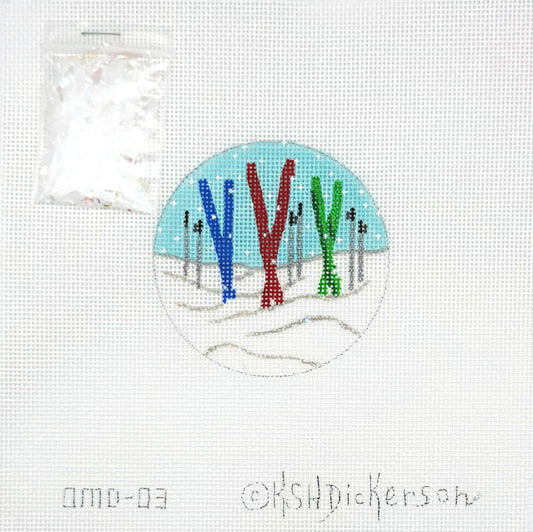 Kate Dickerson Skis Domed Ornament Hand Painted Needlepoint Canvas