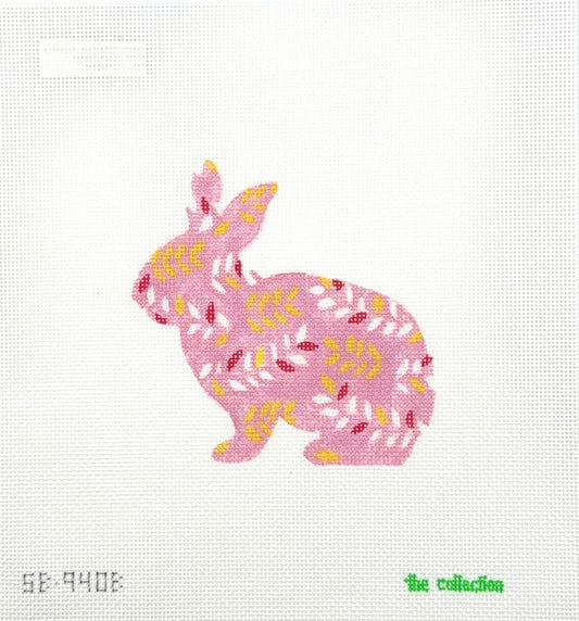 The Collection Designs Pink Bunny with Dark Pink and Yellow Flowers Hand Painted Needlepoint Canvas
